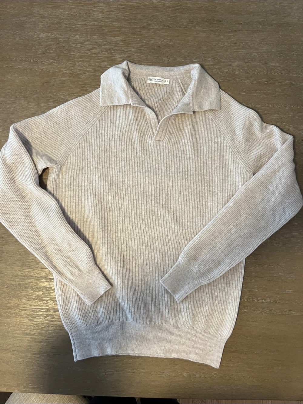 Suitsupply Cream Wool Cashmere Small Ribbed V-Neck Polo Sweater